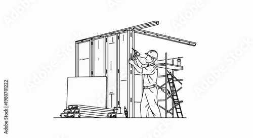 Worker installs interior wall framing with power drill, scaffolding nearby