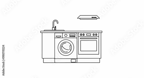 Line drawing of a compact kitchen setup with sink, washer, oven, and hood