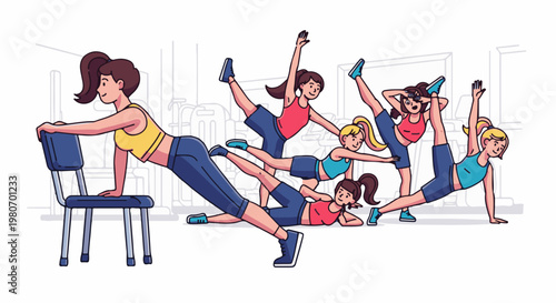 Women in athletic wear practice various yoga poses in a gym setting