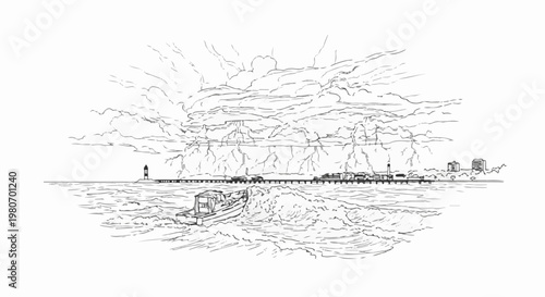 A boat struggles through choppy waves near a distant pier and town