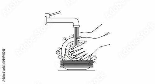 Hands washing dishes under running water, creating soap bubbles and suds