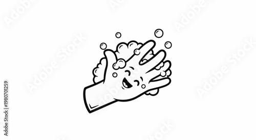A cartoon hand with a happy face washing in soap suds and bubbles