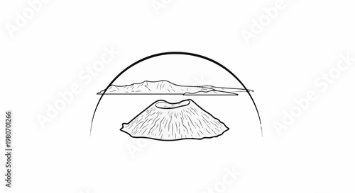 Stylized illustration of a conical volcano and distant mountain range under a dome