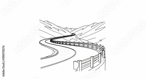 Winding mountain road with guardrails and distant peaks