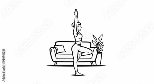 Woman practicing yoga tree pose beside couch and potted plant