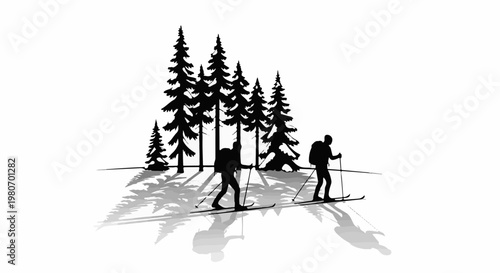 Silhouettes of skiers with backpacks trekking through a snow-covered evergreen forest