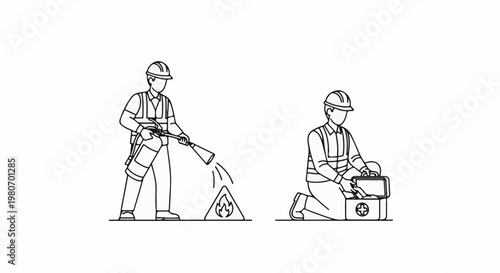 Worker with fire extinguisher and first aid kit, industrial safety procedures