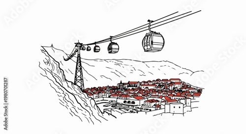 Cable cars glide over a historic town nestled at the base of a mountain