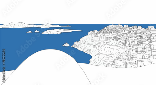 An island village perched on a cliff overlooking a blue sea with distant islands