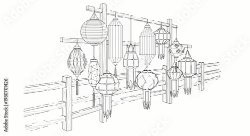 A wooden fence with a variety of hanging lanterns, sketched in black and white