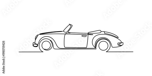 Minimalist one line drawing of a vintage convertible car on a clean and simple white background. Vector, illustration