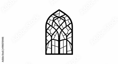 Ornate Gothic arch window with intricate geometric leaded glass design