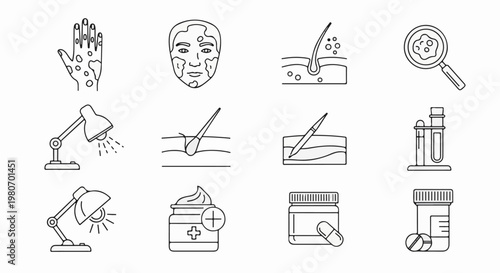 Collection of medical and scientific icons related to skin conditions and treatments