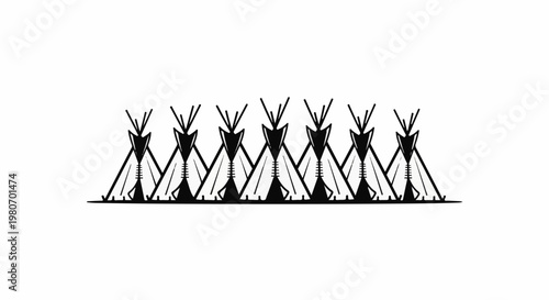 Row of conical tents with pointed tops, outlined in black