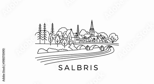 Line art village scene with bridge, river, trees, and church spire