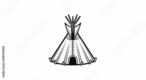 A stylized, hand-drawn black and white graphic of a conical dwelling