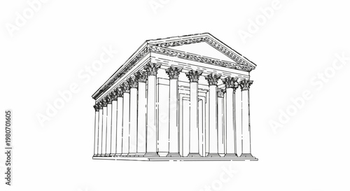 Classical temple with colonnade and triangular pediment, rendered in line art
