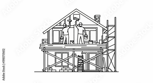 Workers painting a house under construction with scaffolding and ladders