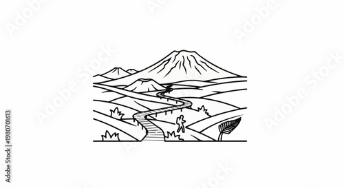 Winding path through mountains with a solitary hiker