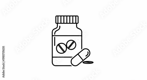 A simple black and white line art illustration of a pill bottle and capsules