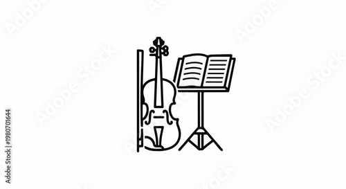 A stylized illustration depicts a violin and an open music stand