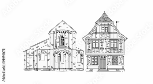 Architectural sketch of a stone church and timber-framed house side-by-side