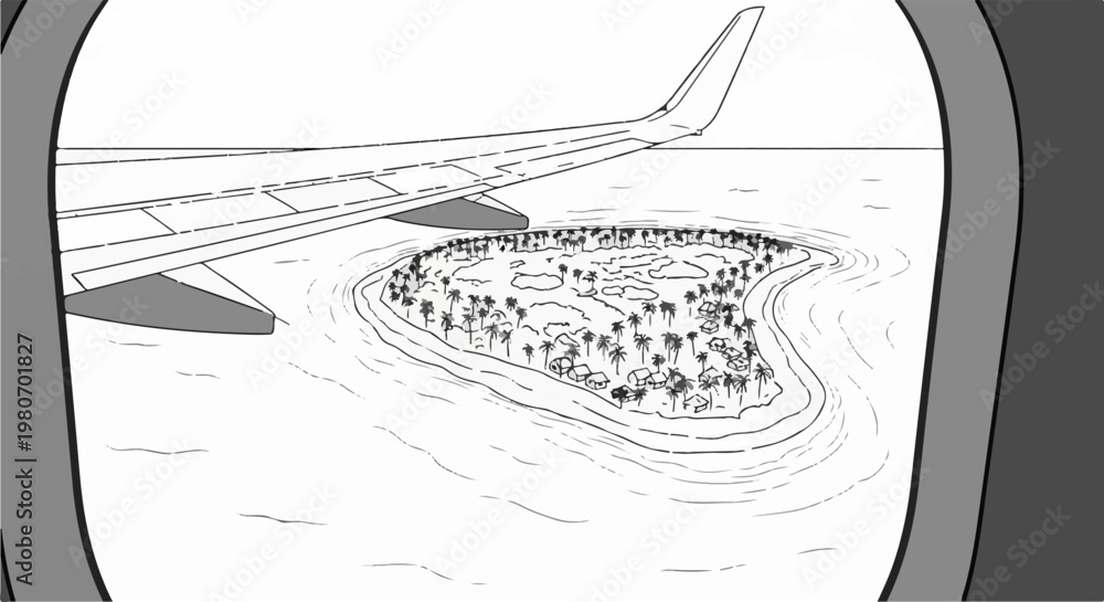 Obraz premium Aerial view of a tropical island paradise seen from airplane window