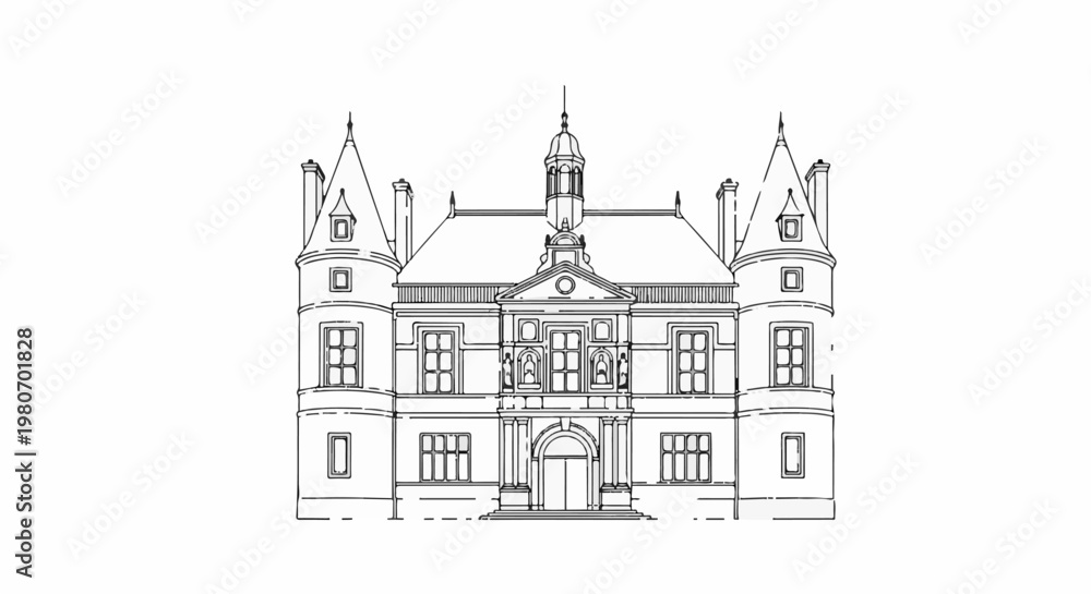 Fototapeta premium Ornate historical manor with towers, peaked roof, and arched doorway