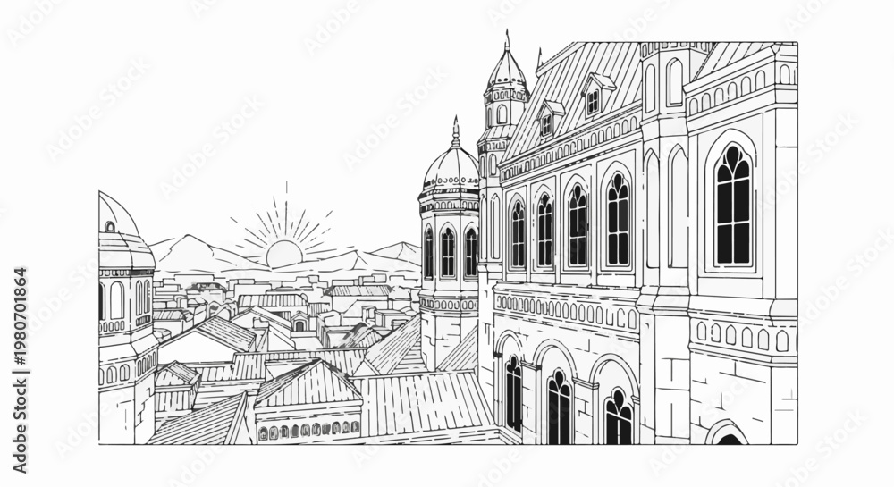 Fototapeta premium Sunrise over a historic cityscape with grand architecture and distant mountains