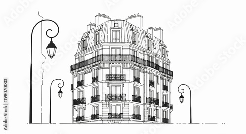 Parisian building with ornate balconies and street lamps in sketch