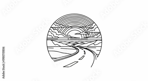 Winding road leads to a bright horizon under a rainbow