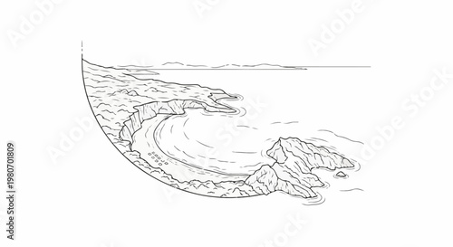 Scenic coastline with calm bay, rocky outcrops, and distant hazy mountains