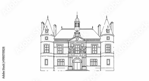 Ornate historical manor with towers, peaked roof, and arched doorway
