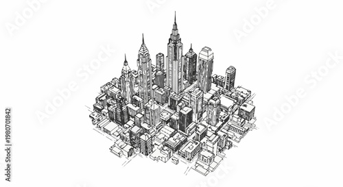 A black and white sketch of a dense city skyline with many tall buildings