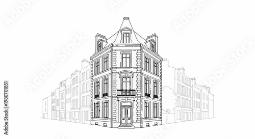 Ornate corner building with detailed windows, balcony, and peaked roof