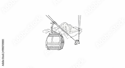 Gondola car ascends a mountain pass on a cableway, with another car in distance