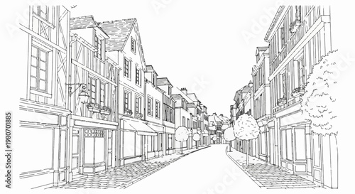 Sketch of an old European street lined with shops and trees