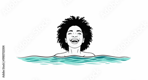 Woman with afro hair joyfully submerged in blue waves
