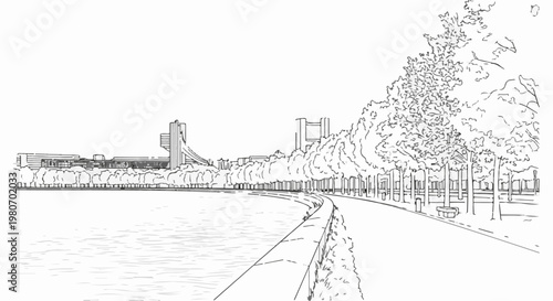 Sketch of a city skyline with a curved waterfront promenade lined with trees