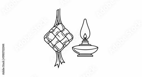 Woven diamond shape food pouch hangs next to a lit oil lamp