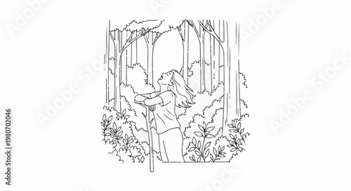 Woman with arms crossed looking up in a forest