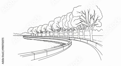 Lined walkway curves alongside water with arched trees in background