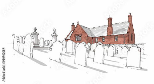 Old brick building beside a graveyard with many headstones