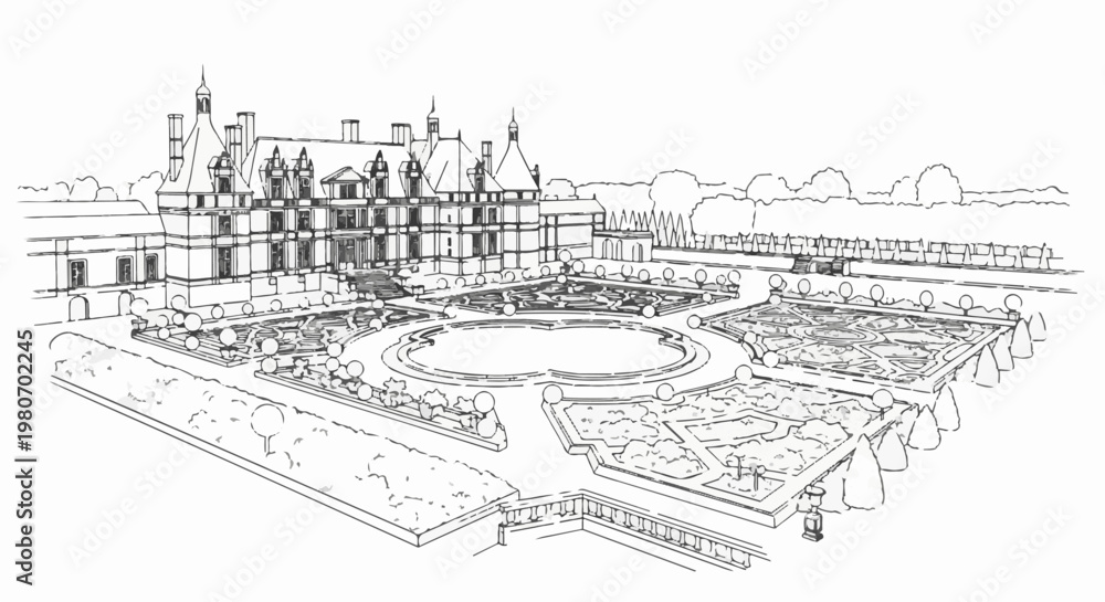 Obraz premium Ornate manor house with symmetrical formal gardens and surrounding trees