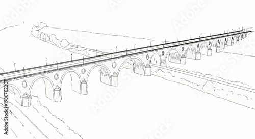 Arch bridge with multiple spans crosses a river with tracks nearby