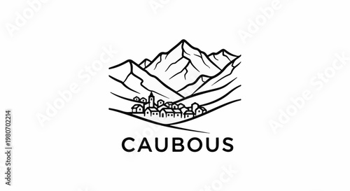 Outline of a village nestled in a valley below jagged mountains