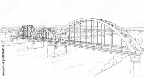 Arch bridge spanning a wide river with cityscape and trees in background