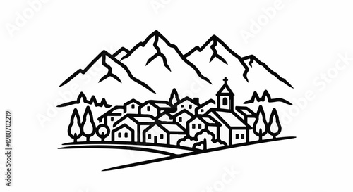 Stylized black and white mountain village scene with trees and church