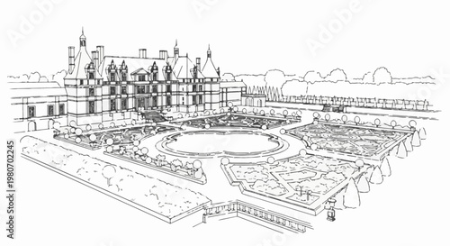 Ornate manor house with symmetrical formal gardens and surrounding trees