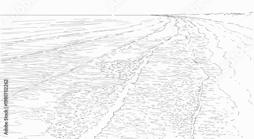 A stark line drawing of a coastline with waves and sand detailed